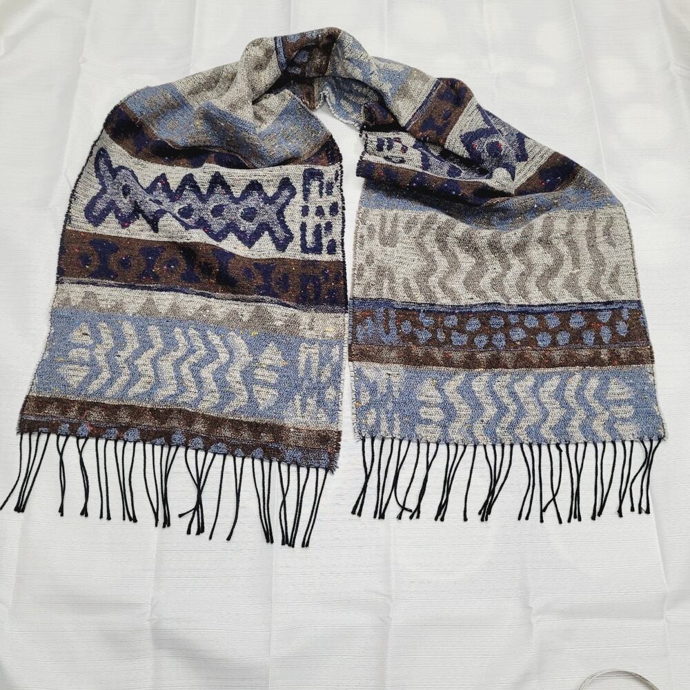 Women's Wool Blend 60" Winter Scarf Boho Blue/Grey Made in Italy PARIS SPORTCLUB